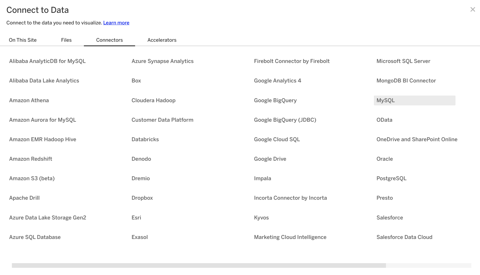 Экран выбора коннектора Tableau Online с выделенным вариантом MySQL