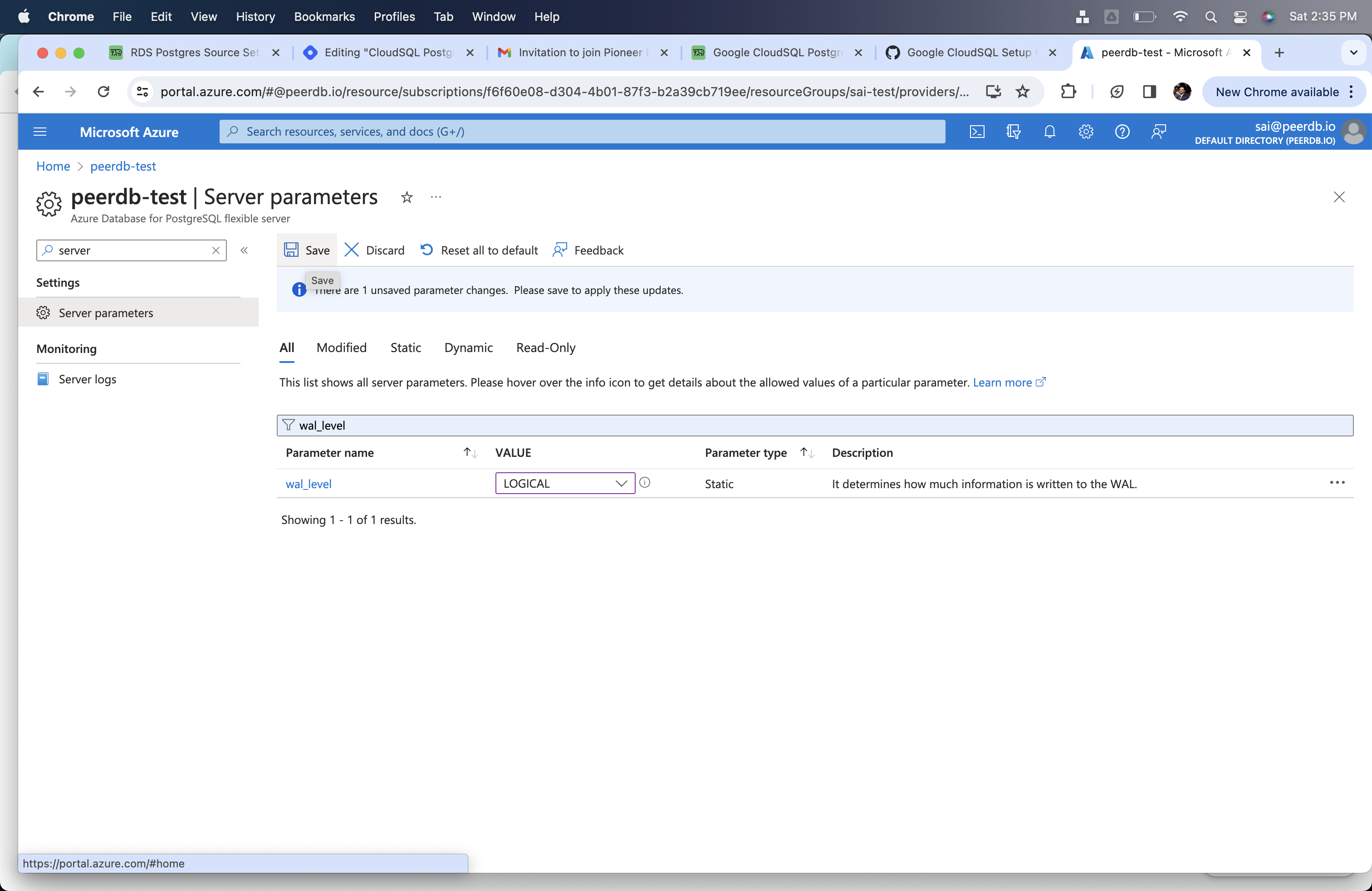 Изменение wal_level на logical в Azure Flexible Server for Postgres